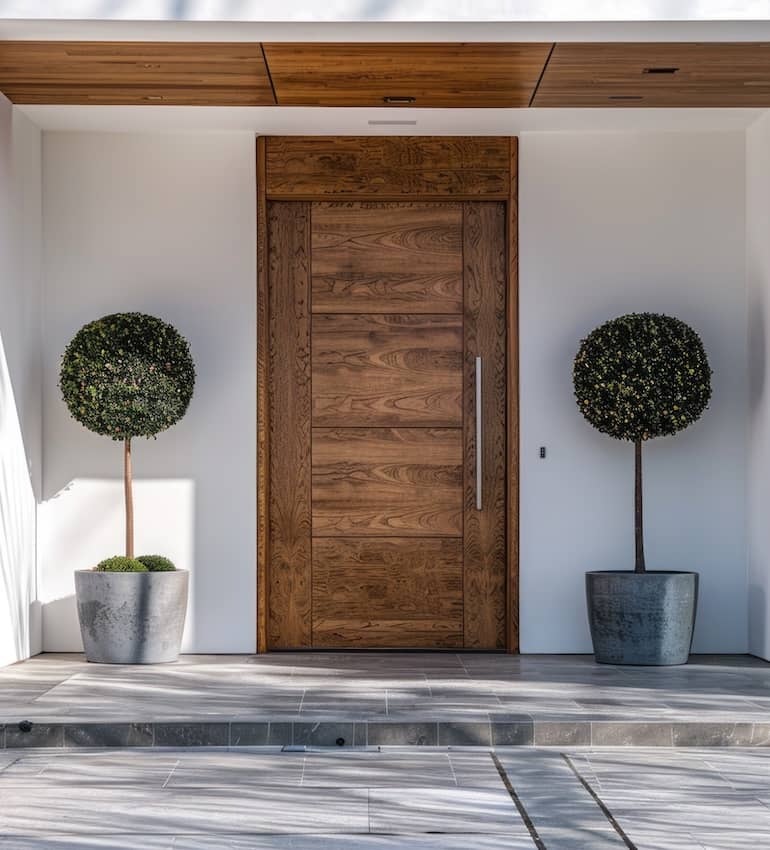 porta di ingresso con due vasi con piante ai lati
