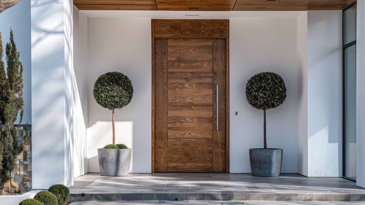 porta di ingresso con due vasi con piante ai lati