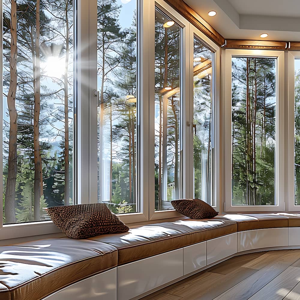 grandi finestre con serramenti in legno alluminio bianco con vista sul bosco